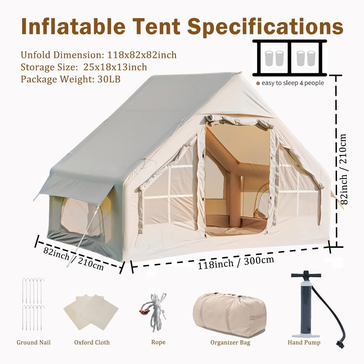 Inflatable Camping Tent, Inflatable Tent for Camping with Hand Pump, Easy Setup, 4 Season Waterproof Windproof Oxford Air Tent Cabin House for Outdoor Camping Adult, Fit for 4-6 Person
