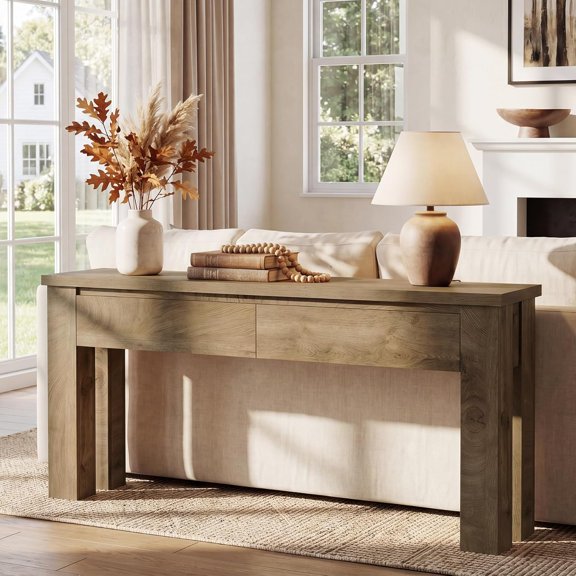 Tribesigns 63-Inch Console Table with 2 Drawers, Farmhouse Entryway Table with Storage for Living Room, Hallway, Foyer, Brown