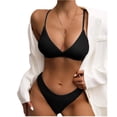 thumbnail image 2 of Women's Two Piece Swimsuit Ribbed Trim Solid Color Bikini Set for Swimming Beach Pool Summer,Black,XL, 2 of 4