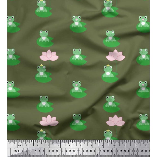 Soimoi Rayon Fabric Lotus & Frog Kids Print Fabric by The Yard 42 Inch Wide