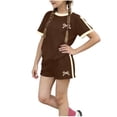 thumbnail image 2 of SGFCWSX Girls 2 Piece Outfits Summer Bow Print Short Sleeve T Shirt Side Stripe Shorts Set for Kids Brown Size 6, 2 of 6