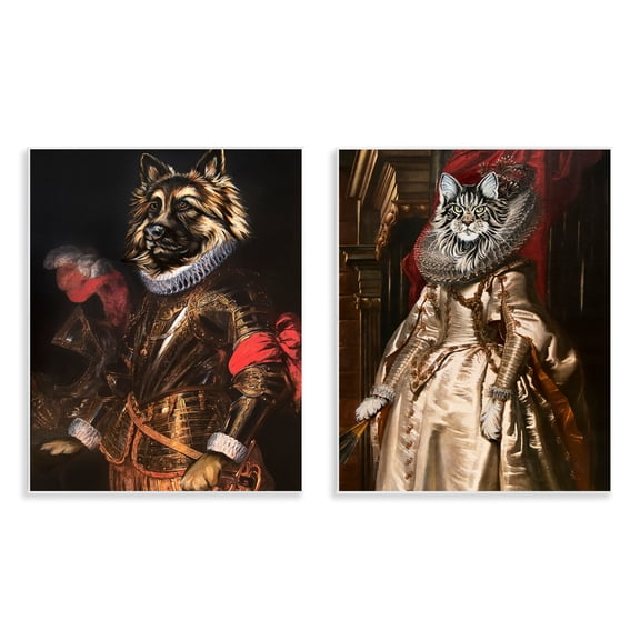 Stupell Industries Royal Garb Dog & Cat Novelty & Humor Painting Unframed Art Print Wall Art, 11 x 14, Set of 2
