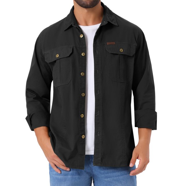 INSPIRAR CHIC Camisas de Trabajo Casual para Hombre de Manga Larga con Botones y Bolsillos para Pesca y Senderismo Color Negro