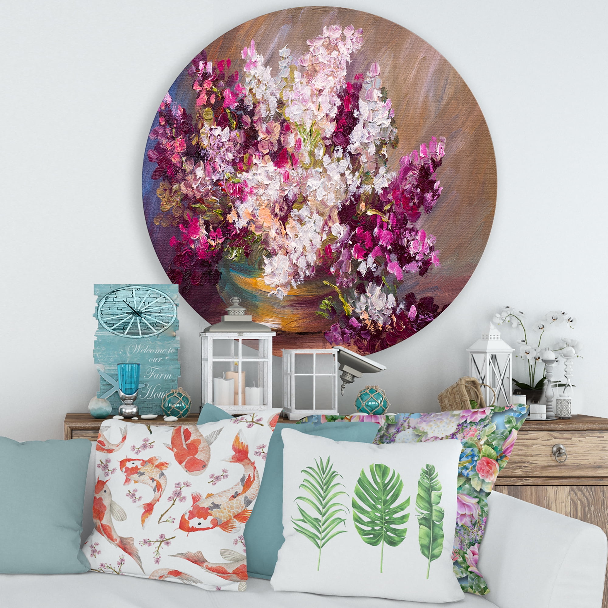 Designart 'Bouquet Of Still Life Lilacs ' Traditional Circle Metal Wall Art 36x36 - Disc of 36
