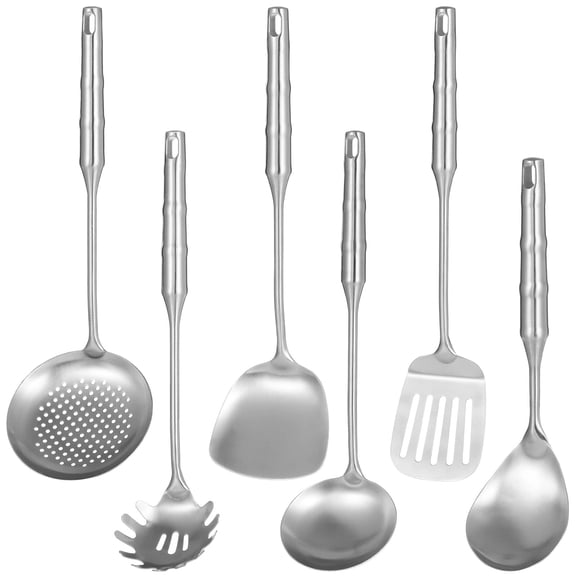 6PCS Stainless Steel Cooking Utensils Set, Metal Kitchen Tools, Soup Ladle, Slotted Spatula, Skimmer, Spoon, Spaghetti Server, Hanging Cookware for Home Cooking Frying Stir-Fry