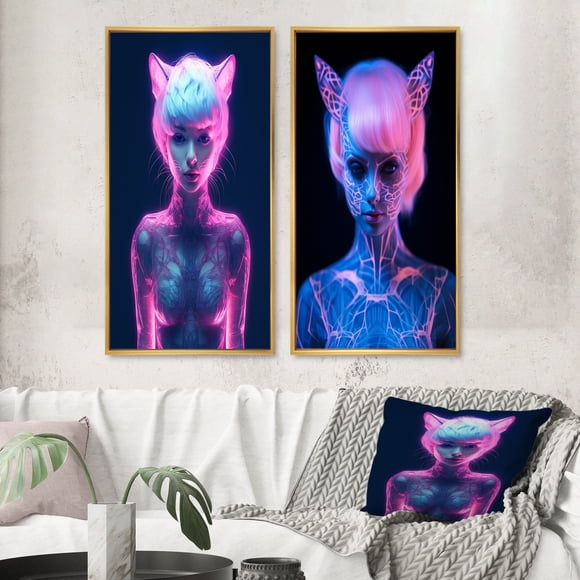 Designart "Neon Catgirl A Vibrant Impression I" Fashion Woman Framed Wall Art Set Of 2 - Glam Blue Frame Gallery Set For Office Decor