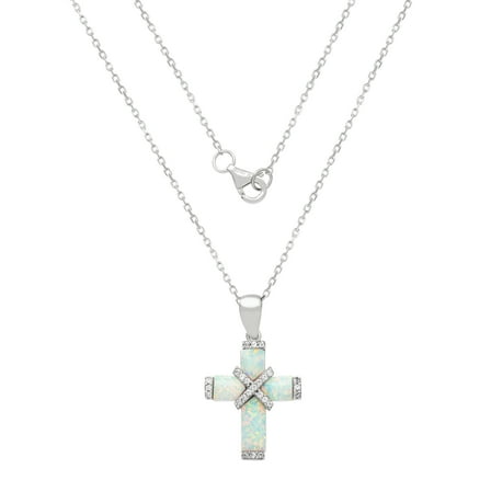 Sterling Silver Cross Pendant with Cubic Zirconia and Created Opal, 18-Inch Chain