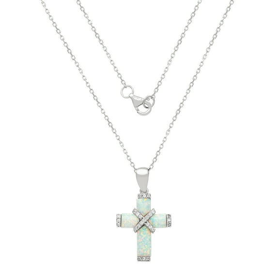 Sterling Silver Cross Pendant with Cubic Zirconia and Created Opal, 18-Inch Chain