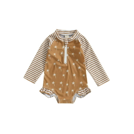 

CenturyX Kids Baby Girls Bikini Long Sleeve Stand Collar Coconut Tree Print Striped Swimsuit for Summer Beach