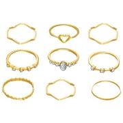 NUOKO Finger Ring 9Pcs Gold Retro Heart Rings Set For Women Girls Vintage Stackable Boho Finger Rings Alloy Rhinestone Rings Retro Geometry Ring Jewelry