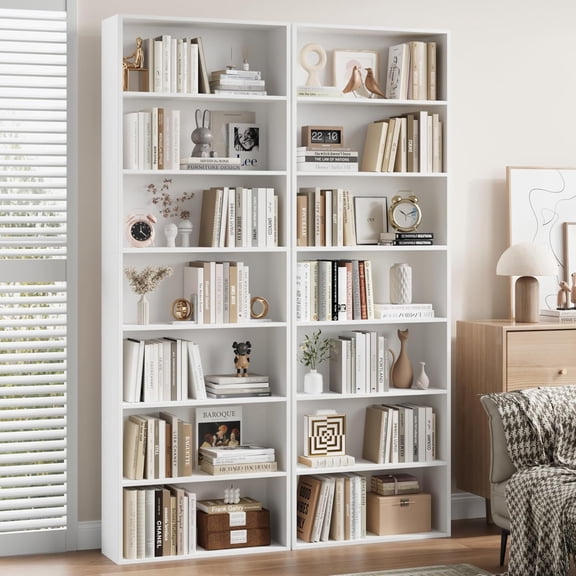 82" Tall Bookshelf, 7-Tier Open Shelves Bookcase, Vertical Freestanding Storage and Display Organizer for Home Office Living Room Bedroom, White