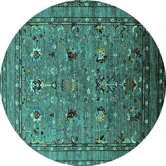 Ahgly Company Machine Washable Indoor Round Oriental Turquoise Blue Industrial Area Rugs, 7' Round