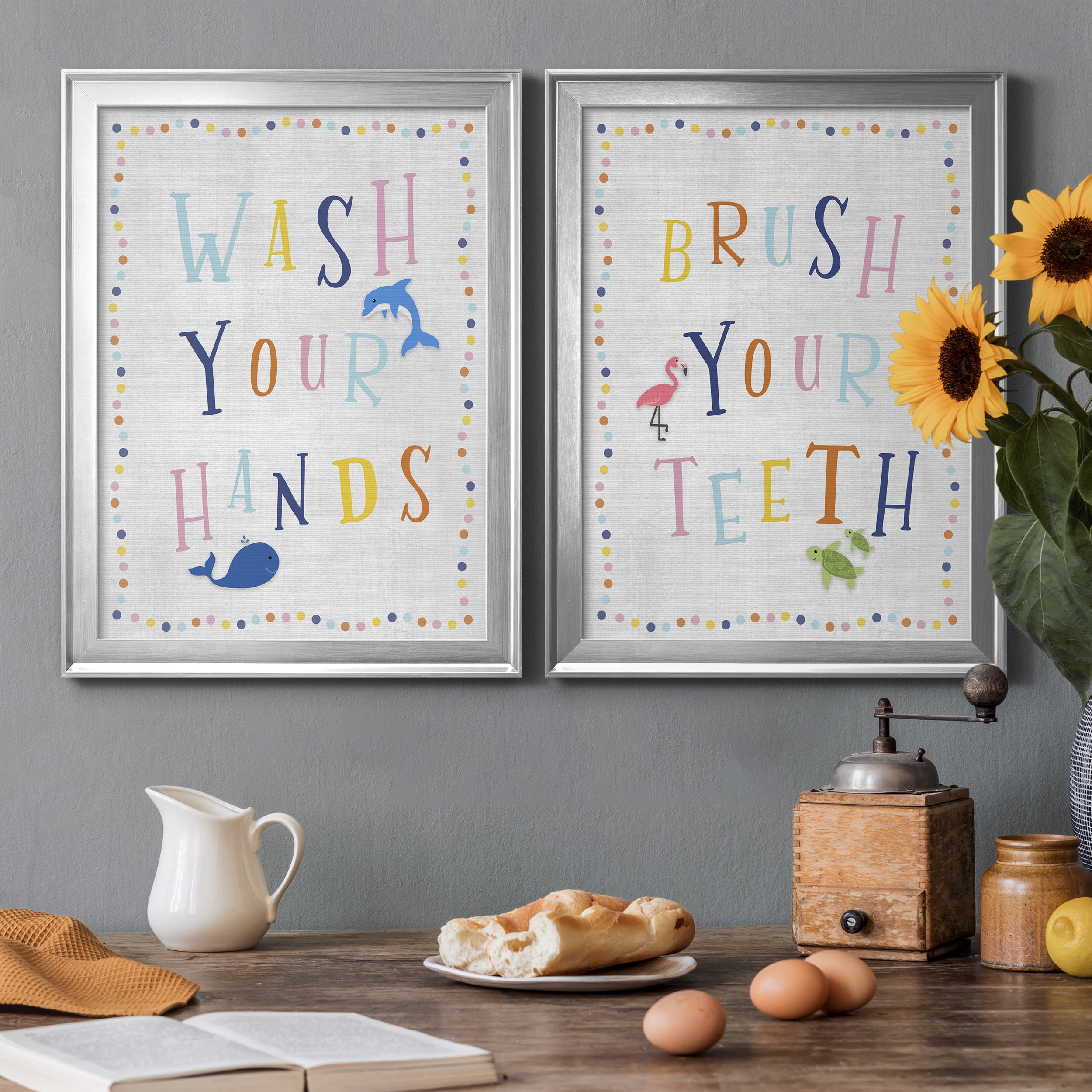 2 Piece Set Wash Your Hands Premium Framed Canvas - Ready to Hang - 18.5 x 24.5 Each - Silver Frame