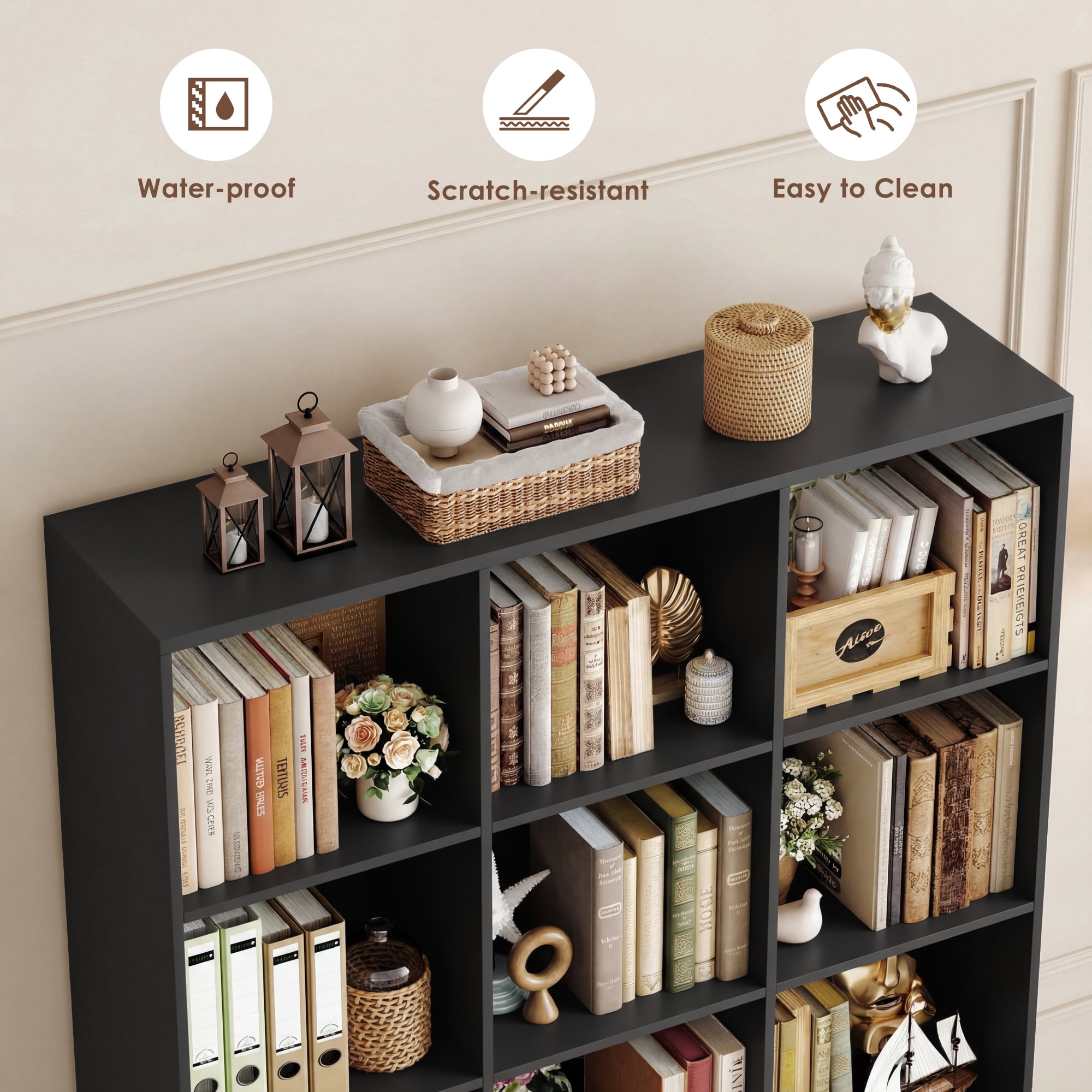 Hiphuta Triple Row 4-Tier Bookcase with 12 Cubes, 69" Tall Large Bookcase with 3 Drawers, for Office Living Room, Black