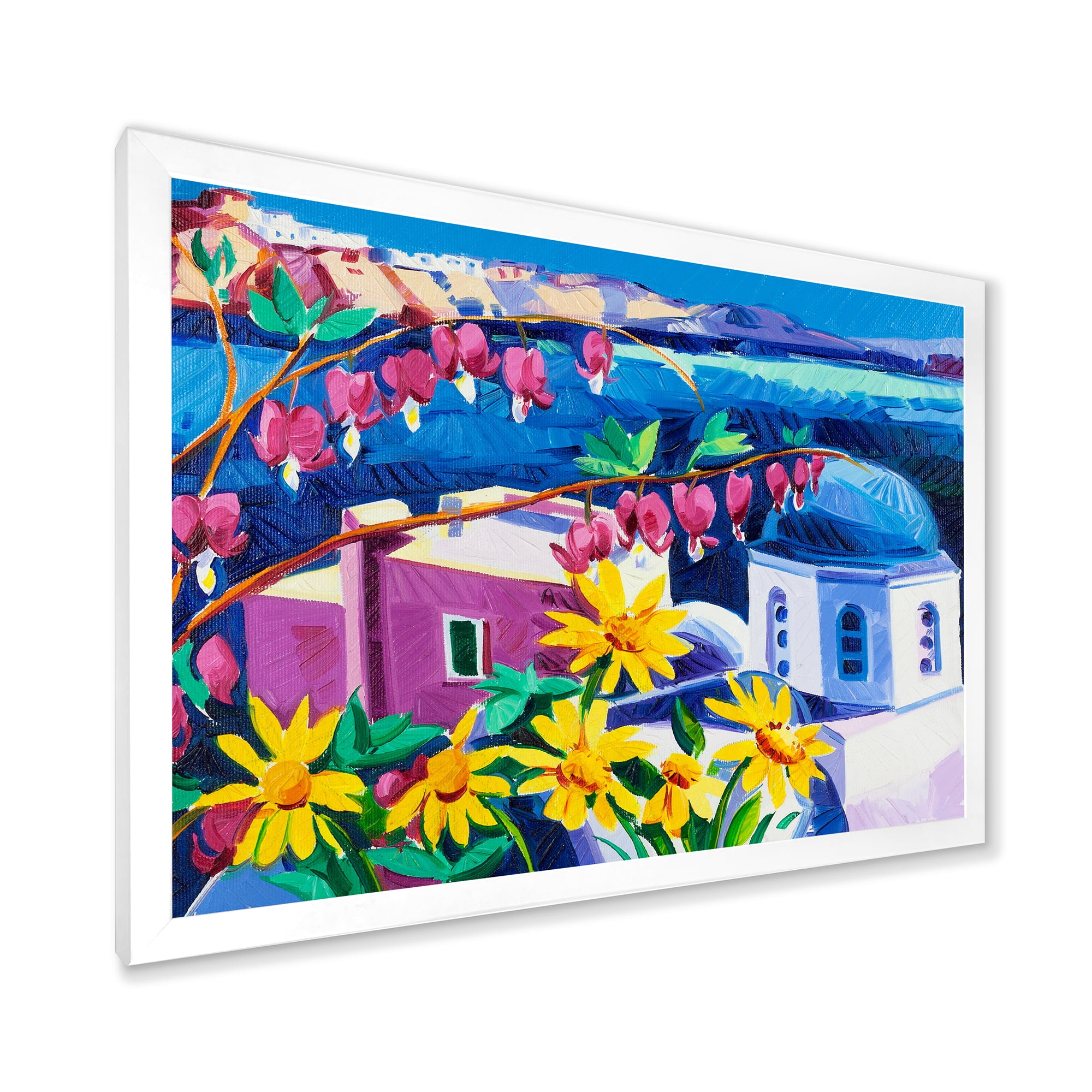Designart 'Colorful Traditional Santorini Churches Among Flowers' Nautical & Coastal Framed Art Print
