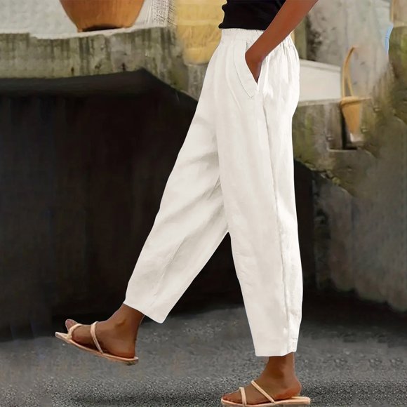 LOVZFMLL Women's Pants, Elastic Waist Summer Solid Casual Pocket Outing Full Length Pants White, 2XL