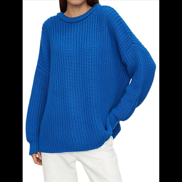 Suéter de Cuello Redondo para Mujer, Larga, Farol, Tejido , Holgado e Informal Azul Real M