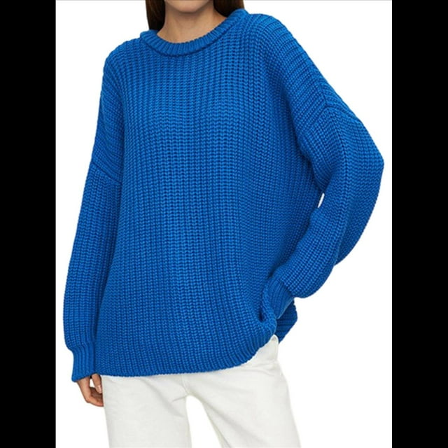 Suéter de Cuello Redondo para Mujer, Larga, Farol, Tejido , Holgado e Informal Azul Real L