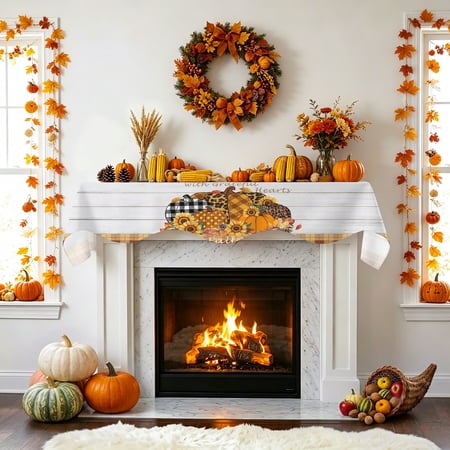 Thanksgiving Pumpkins Fireplace Mantel Scarf Brown Plaid Sunflower Wood Texture Mantel Scarf Scarves Fireplace Top Runner Cover for Holiday Party Home Decorations 90x17in