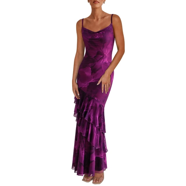Vestido largo PRETTYGARDEN 2025 con estampado floral de verano morado
