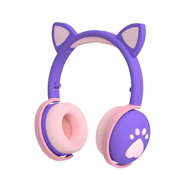 Inteprter Auriculares brillantes con luz LED, Oreja de Gato, regalo para niñas, auriculares inalámbricos para niños, estéreo HIFI de graves, Cables de audio/vídeo Púrpura Ensacado