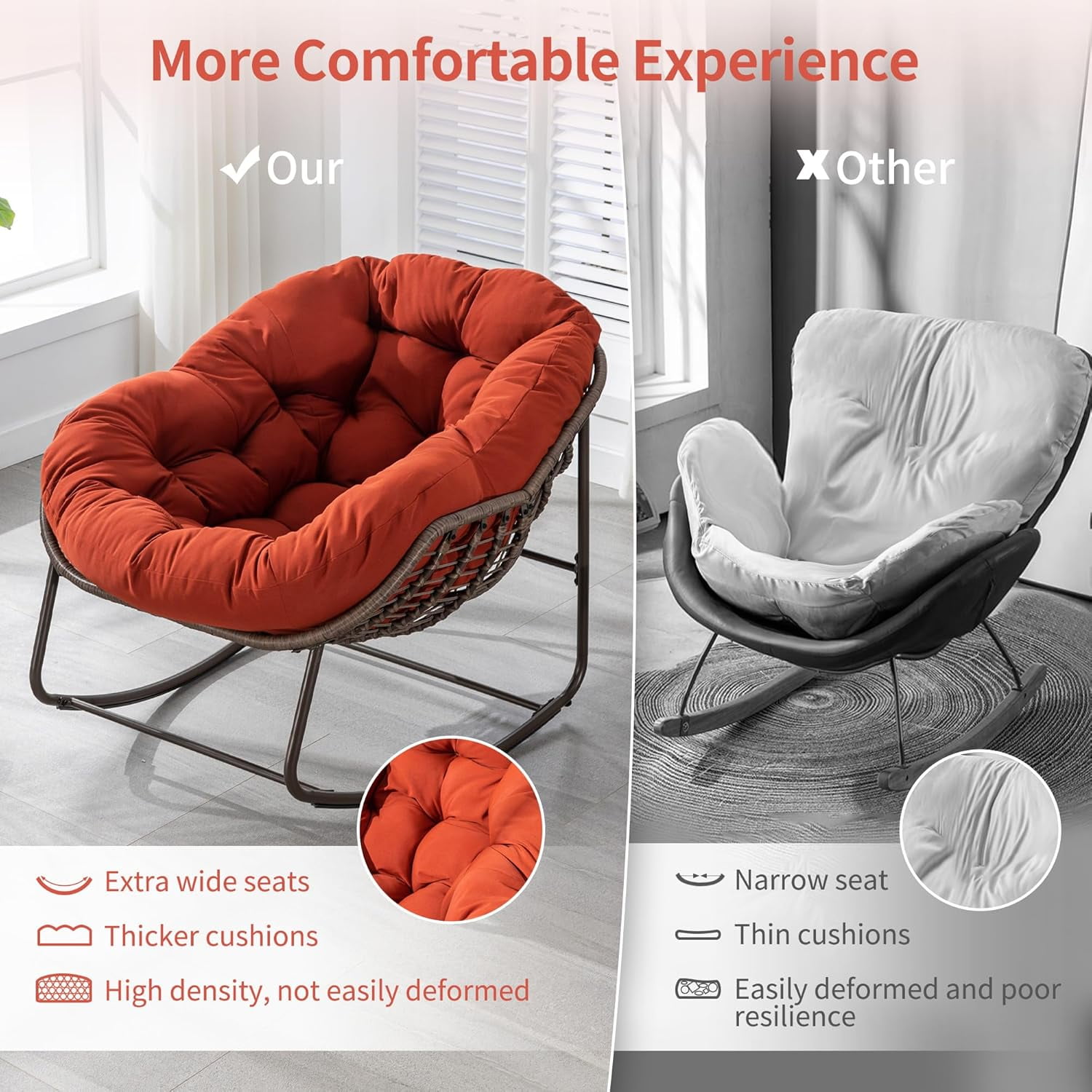 MOONMISS Outdoor Patio Rattan Oversized Rocking Chairs Set of 2 with Padded Cushion-Orange