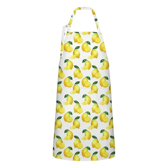Yellow Lemon Fruit Slices White Pattern Apron-Garden Aprons for Women with Pockets-Cotton Linen Waterproof Kitchen Cooking Gardening Aprons Adjustable for Kitchen,Cooking,BBQ and Salon 33x27 Inch