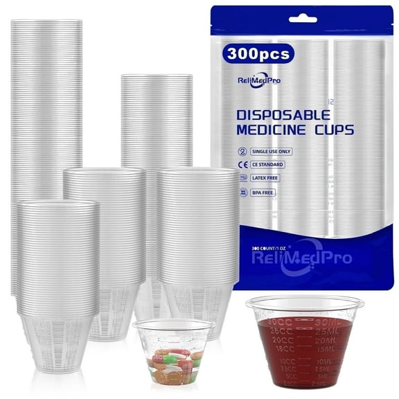 ReliMedPro Disposable Medicine Dosing Cups Graduated, pack of 300, 1 oz Plastic Measuring Cup for Liquid Medication, Paint, Epoxy, Pill and Resin.