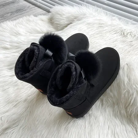 

Elegant Thickening Plush Inner Snow Boots Round Toe Faux Leather Fluffy Bowknot Ankle Boots Women‘s Footwear
