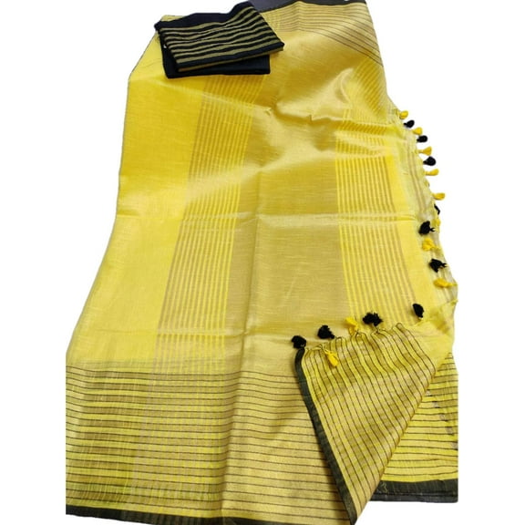 India Meets India Christmas Ethnic Indian Women's Bhagalpuri Bihar Handloom Cotton Khadi Saree with Contrast Blouse (Yellow & Black Blouse)
