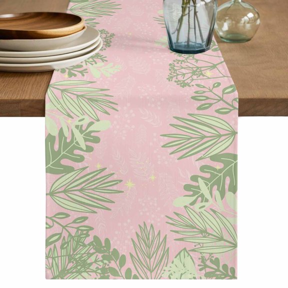 Table Runner 120 Inches Long for Kitchen Dining, Pink Leaves Dresser Scarf Farmhouse, Dining Table Decorations for Wedding/Parties, Green Summer Botanical Pastoral 13 x 120 In