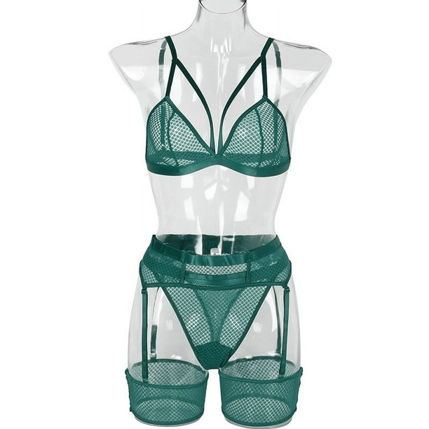 Conjunto de tres piezas divertido para mujer, de encaje suave y cómodo, de malla con perspectiva para mujer, estilo europeo y americano