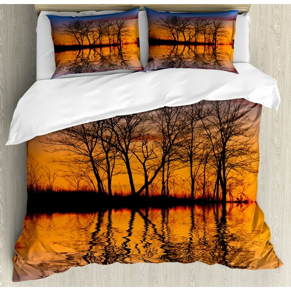 Nature Decor Queen Size Duvet Cover Set, Landscape from Mother Earth Sunset by the Lake with Fall Trees Forest Image, Decorative 3 Piece Bedding Set with 2 Pillow Shams, Multicolor, by Ambesonne