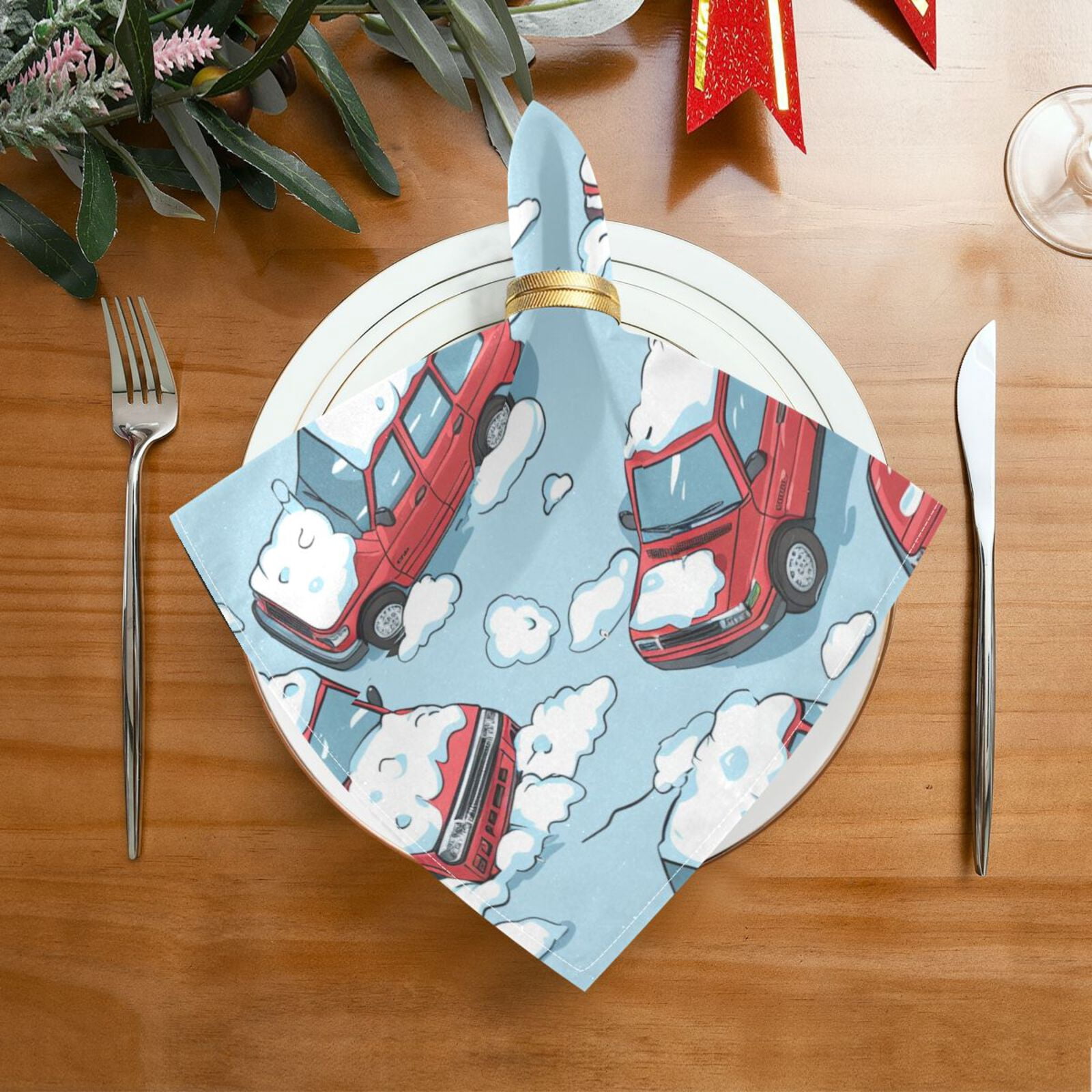 JSTEL Snow Cars Cloth Napkins Set of 6, 20x20 Inch Washable and Reusable Napkin for Decoupage Dinner Party Everyday Use