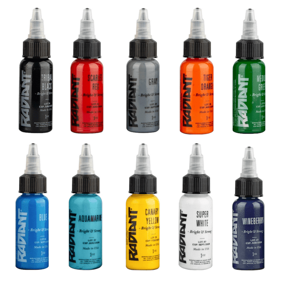 Radiant Colors 10 Popular Colors Tattoo Ink Set - Tattooing Inks Fluid Vegan Pigments 10 x 1oz Bottles