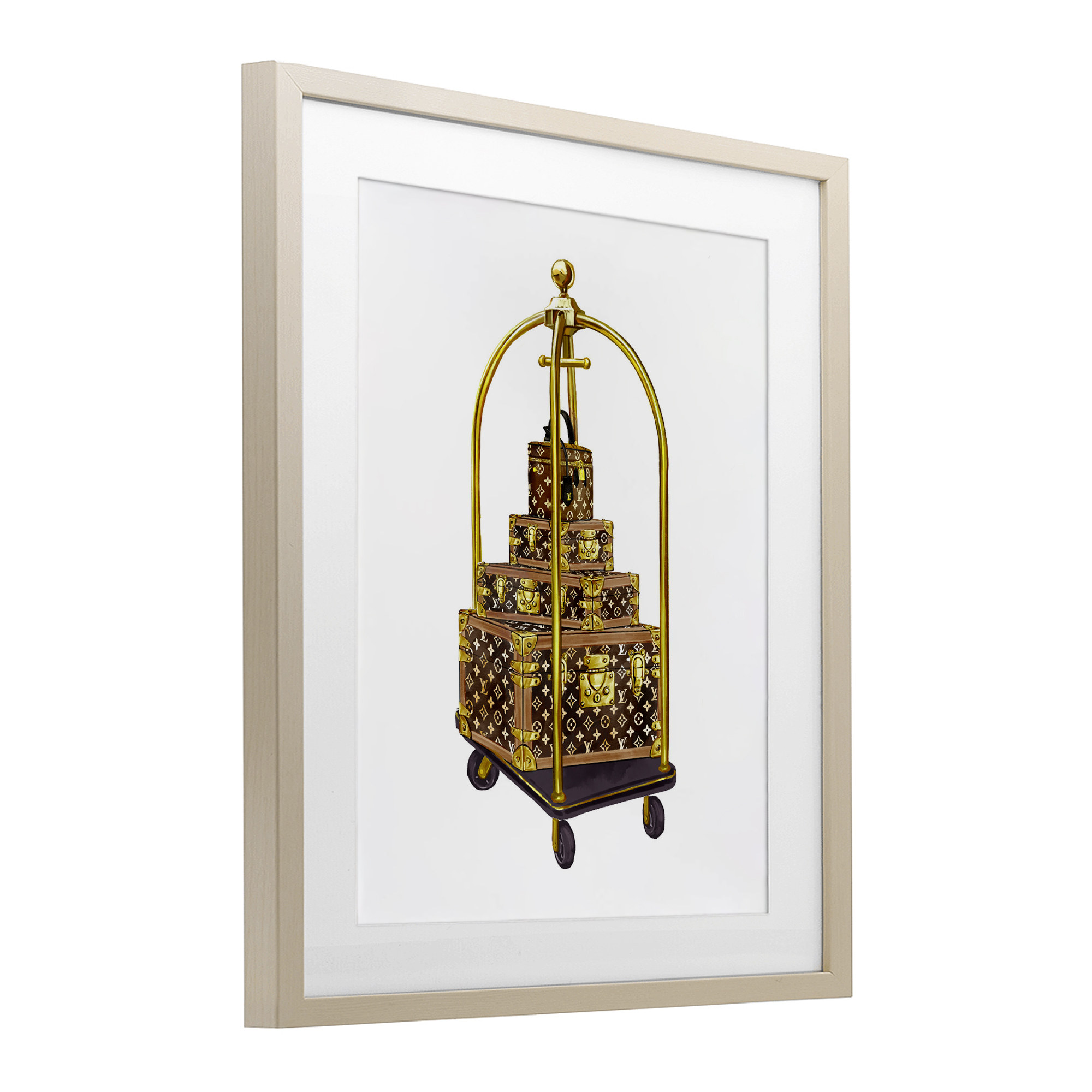 Glam Hotel Luggage Birch Framed Print Under Glass, design by Ziwei Li