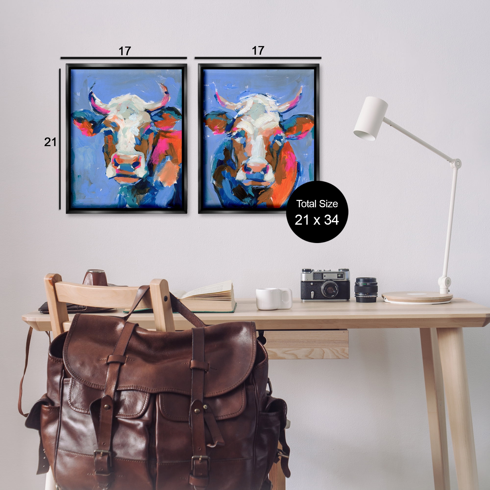 Stupell Industries Guernsey Cow Horned Portrait Animals Painting Black Floater Framed Canvas Art Print Wall Art, 17 x 21, Set of 2