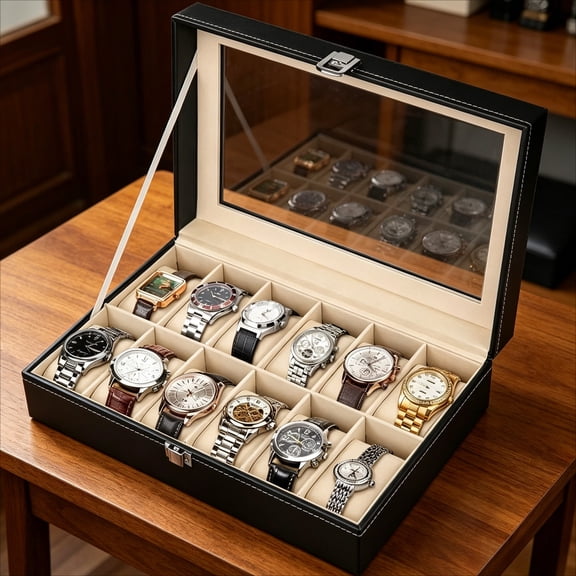 12 Slots PU Leather Wrist Watch Display Box Storage Holder Organizer Case