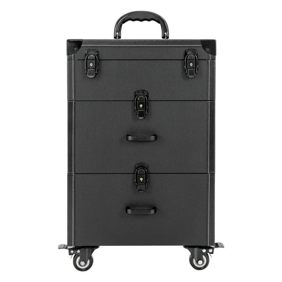 Rolling Makeup Train Case,3-Tier Large Aluminum Lockable Beauty Organizer Box Cosmetic Trolley