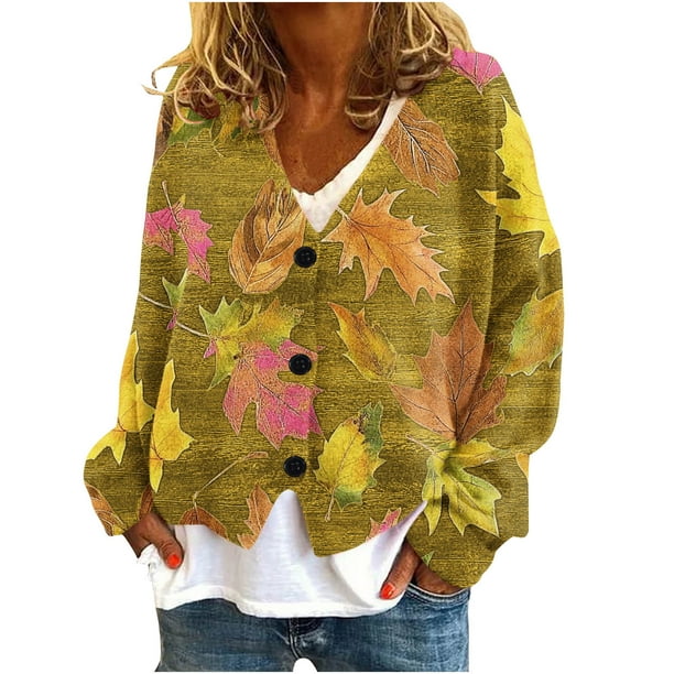 Puntoco Chaqueta De Punto Informal Con Estampado De Hojas Para Mujer, Chaqueta Con Botones, Abrigo De Felpa, Para Otoño E Invierno