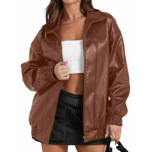 Leather Jacket Women Faux Oversized Motorcycle Coats Fall Fashion Outfits Winter Clothes Camel L