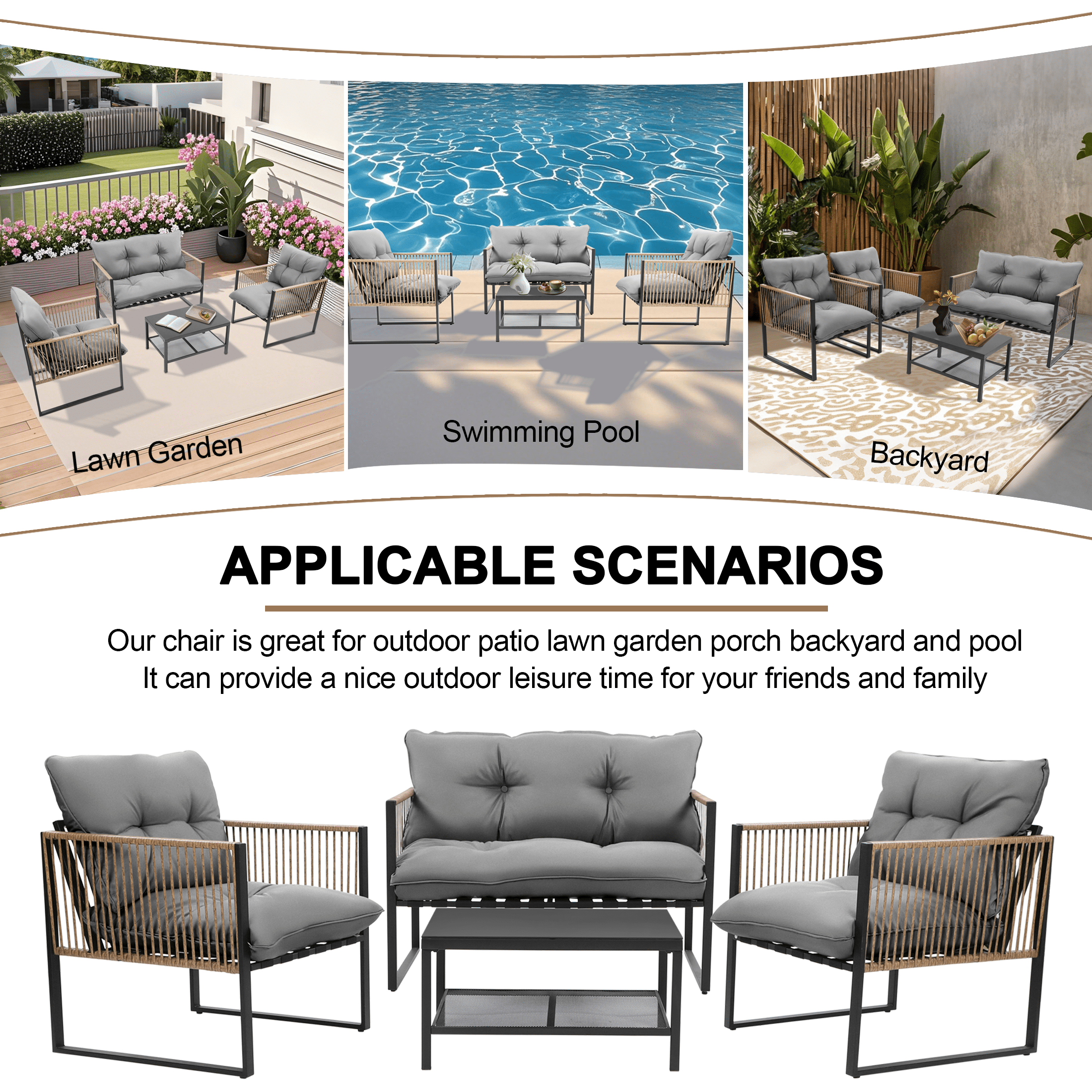 4 Pieces Outdoor Wicker Conversation Set, All-Weather Rattan Patio Furniture Sets with Arm Chairs, Tempered Glass Tabletop and Cushions, Sectional Sofa Set for Backyard, Garden, Poolside