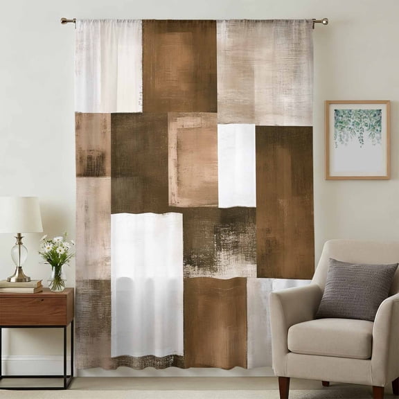 Brown Geometric Sheer Curtains 72 Inches Long, Vintage Oil Painting Contemporary Light Filering Curtains, Breathable Simi Curtain Privacy Drapes for Living Room Bedroom Lightweight Window Treatment