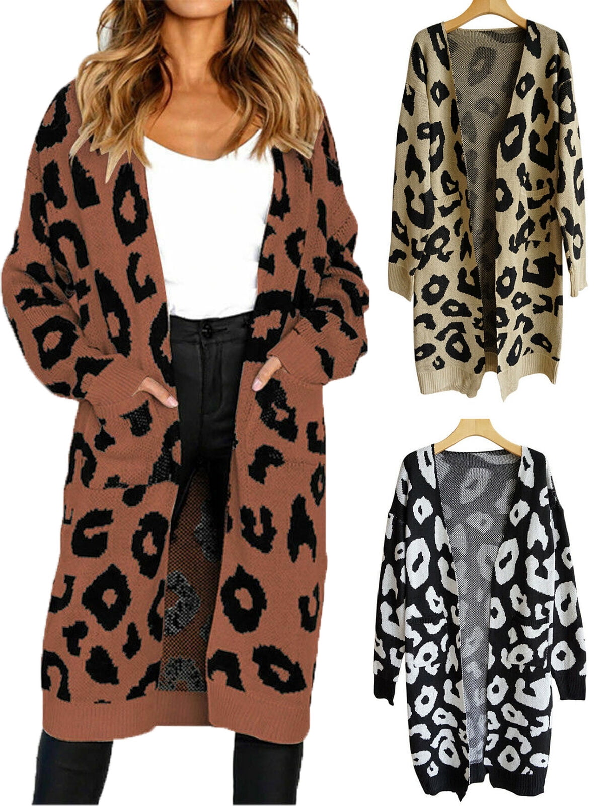 Qearal Women Long Cardigan with Pockets Leopard Print Oversized Knit Sweate  通販