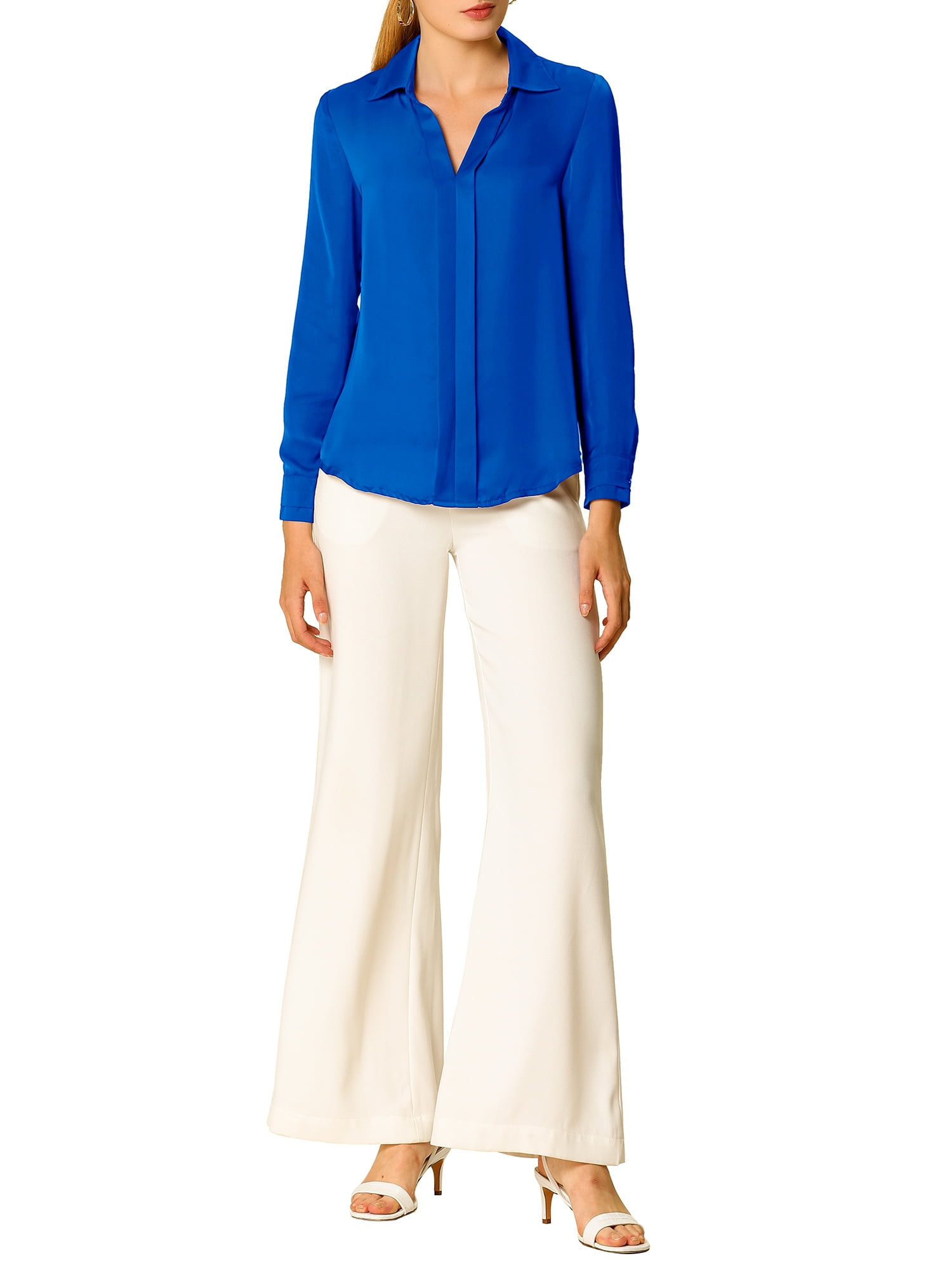 DARING DIVA Women's V Neck Classic Work Office Long Sleeve Shirt L Royal Blue