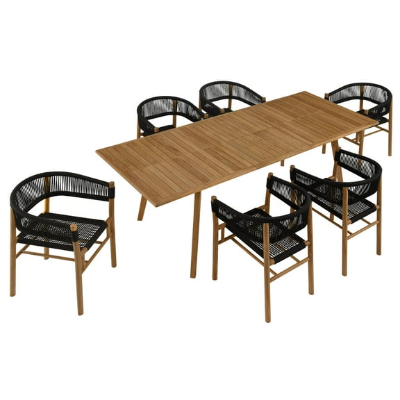7 pcs Dining Side Chair and Table Set, Black, Teak Wood, Outdoor Patio Balcony Cafe Bistro Garden Hospitality Restaurant, Modern Contemporary, HB37243