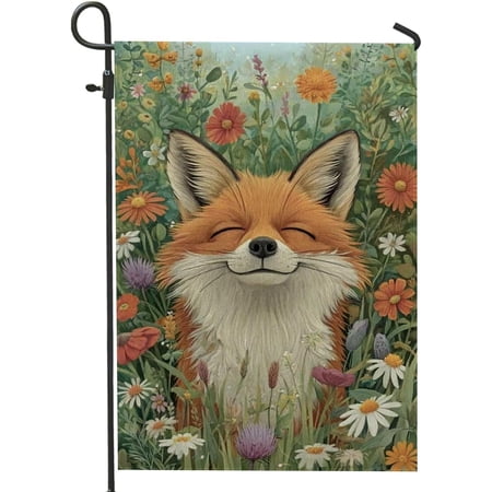 Woodland Fox Garden Flag Double Sided Burlap Floral Outdoor Yard Decoration Nature Theme Lawn Banner 12 x 18 Inch Orange
