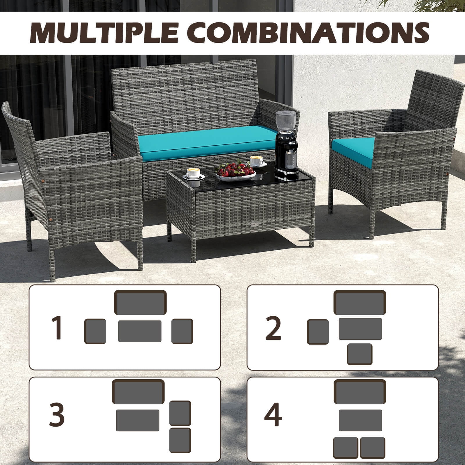 Costway 8 PCS Patio Furniture Set with Washable Cushions and Tempered Glass Coffee Table