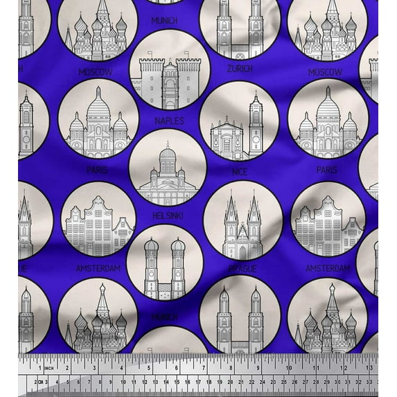 Soimoi Blue Rayon Crepe Fabric Different City Monuments Architectural Print Fabric by the Yard 46 Inch Wide