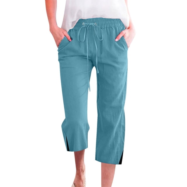 Women's Spring And Summer Solid Color Pocket Drawstring Linen Casual Loose Cropped Pants - Comfortable for Home, Outdoor